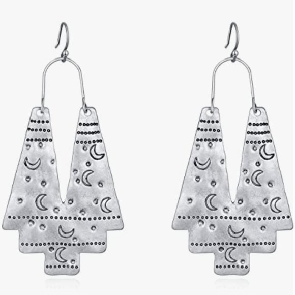 Antiqued Silver Crescent Moons Dangle Moon Earrings Modern Bohemian Boho New - Picture 3 of 5